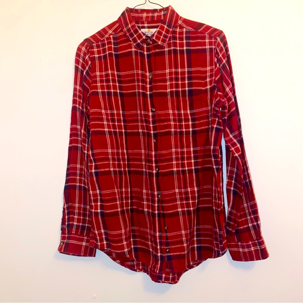 Marine Layer Women's Medium Red Blue Plaid Button Up Flannel Shirt Cotton